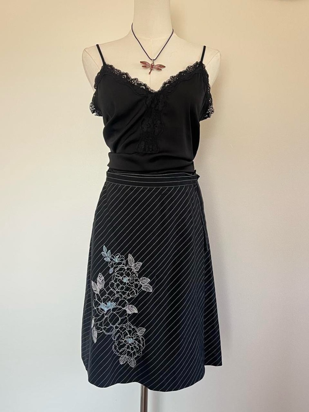 Ann Taylor petite black striped embroidered midi wrap skirt